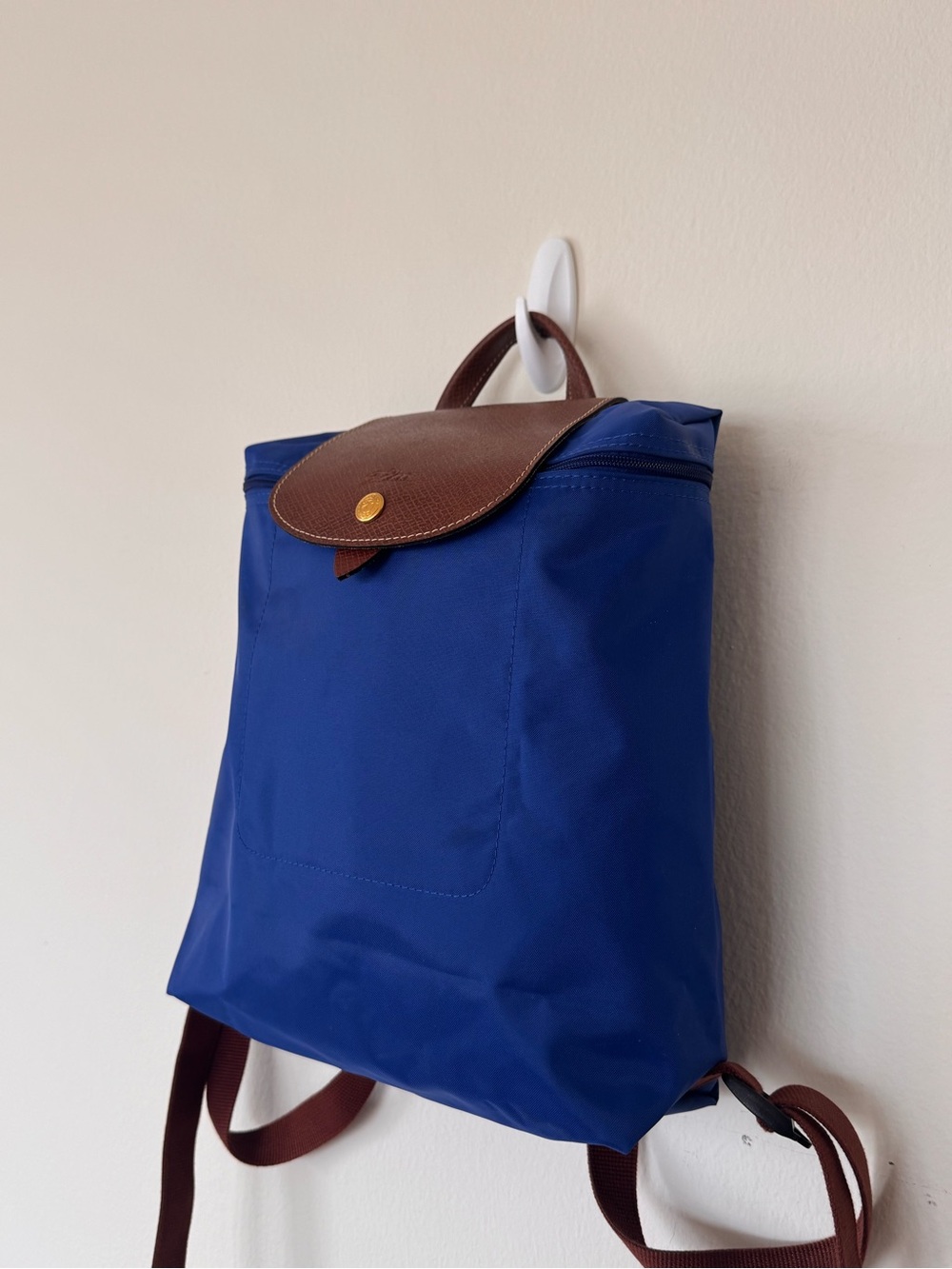 Longchamp Le Pliage Small Blue Nylon Backpack Brown Leather Trim Zipper Close